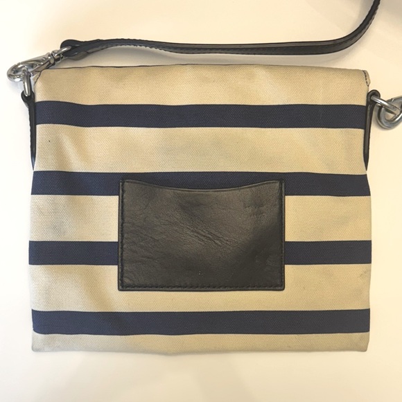 Ralph Lauren Purple Label Striped Canvas Crossbody | Navy & Cream | Red Interior - Picture 4 of 9
